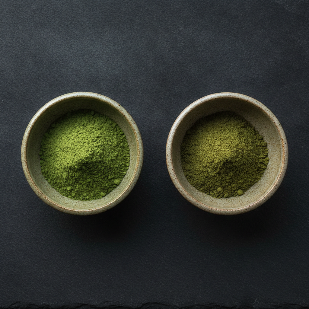 Two bowls of matcha powder in contrasting shades of green