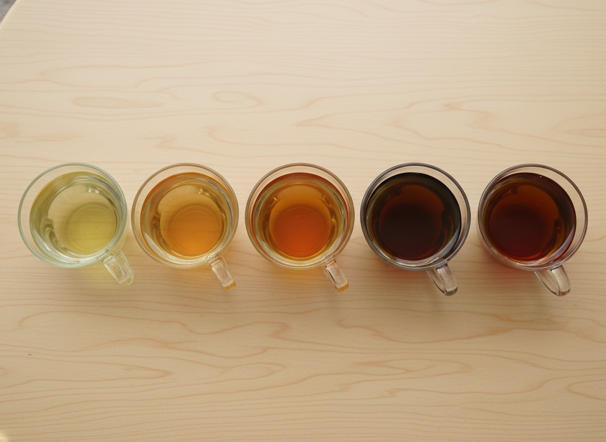 Five tea types in glass cups showing colour gradient from green to pu-erh