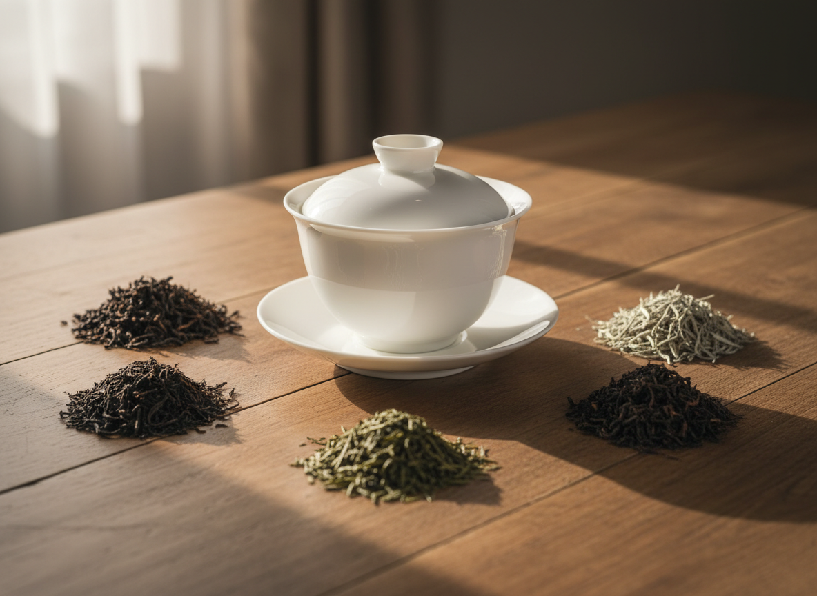 Professional tea cupping set on wooden table with different loose tea varieties