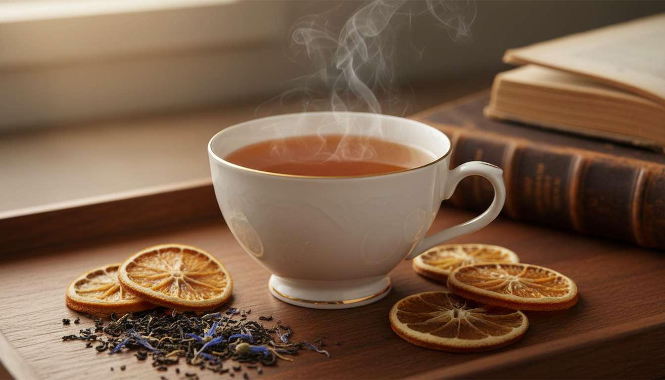 Golden Earl Grey tea in porcelain cup with bergamot slices and loose leaves