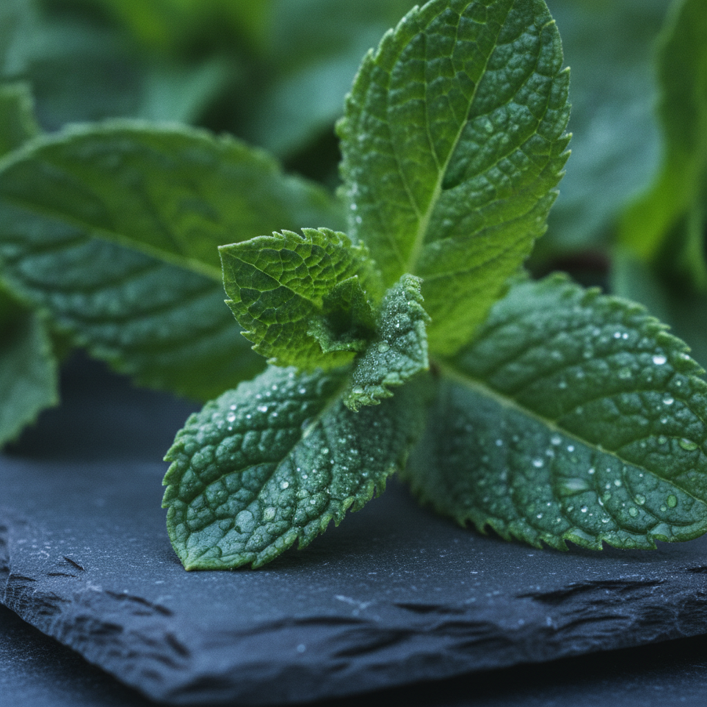 Macro close-up of fresh spearmint leaves with visible texture
