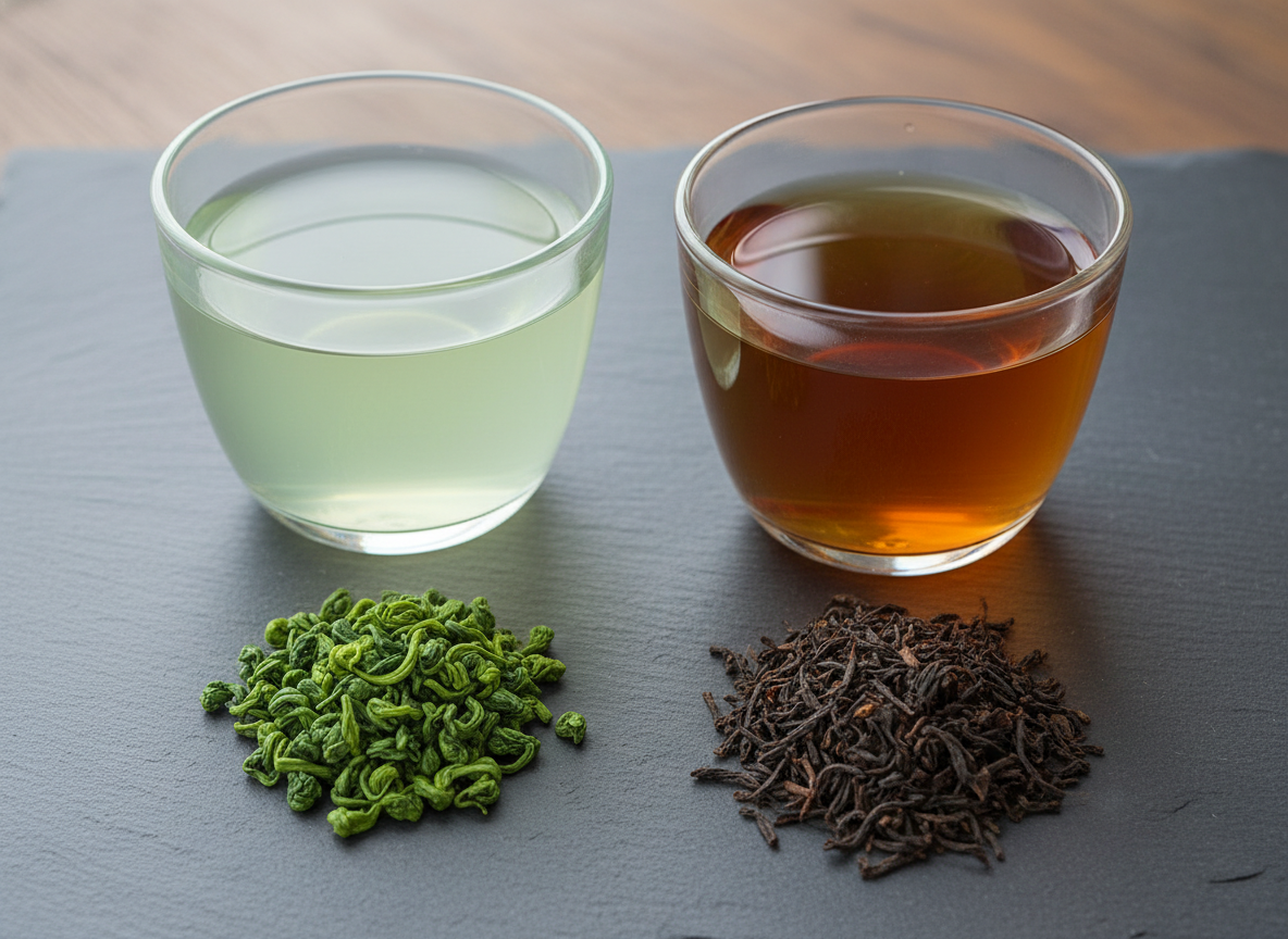 Green tea pale jade and black tea deep amber in glass cups with loose leaves